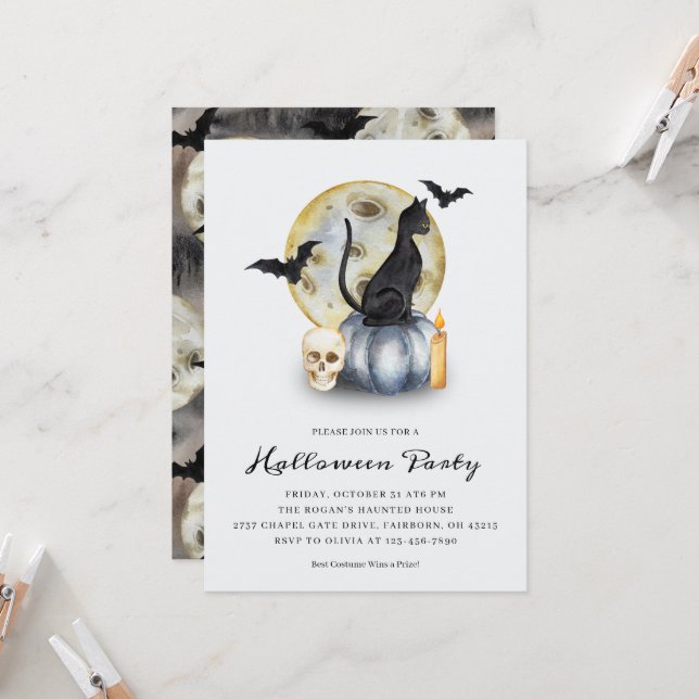 Convites Festa de Abóbora de Gato de Halloween (Frente/Verso In Situ)