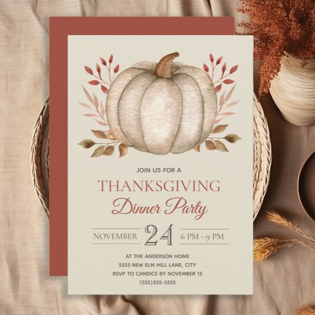 Convites Festa de Ação de Graças Elegante Rústica com Abóbo (White pumpkin burnt orange Thanksgiving Dinner invitation)