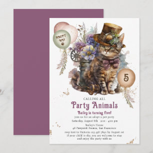 Convites Festa de Adoção de Gatinho Steampunk de 5 Anos
