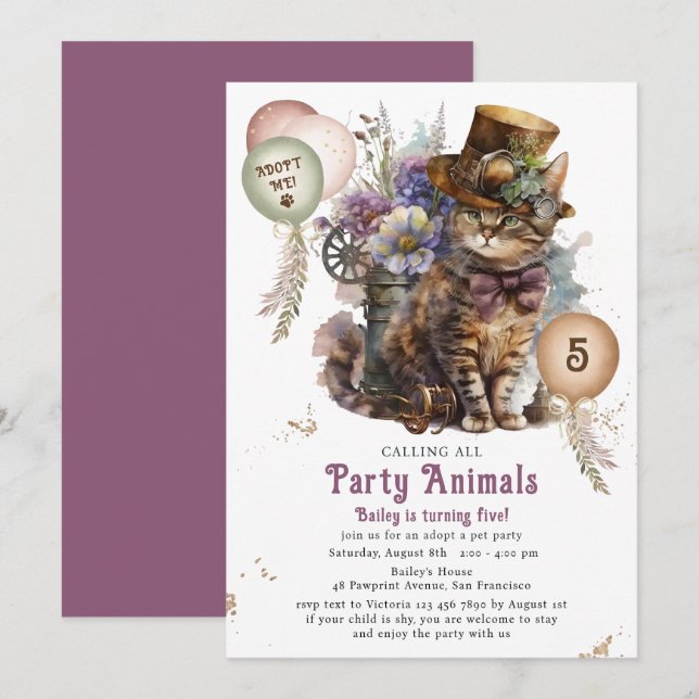 Convites Festa de Adoção de Gatinho Steampunk de 5 Anos (Frente/Verso)