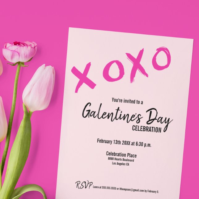 Convites Festa de Amigos do Dia XOXO Galentine (Galentine's day invitation template, pink brush strokes XOXO )