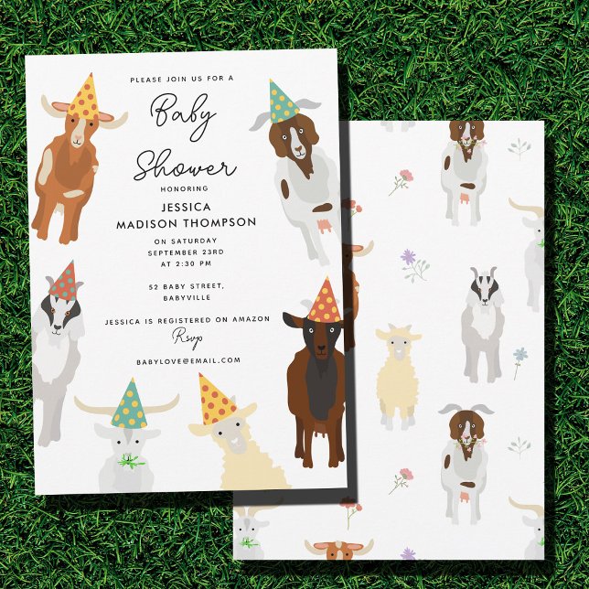 Convites Festa de Animais da Fazenda de Cabras Fofas Chás d (Cute Goats Farm Party Animals Goat Baby Shower Invitation)