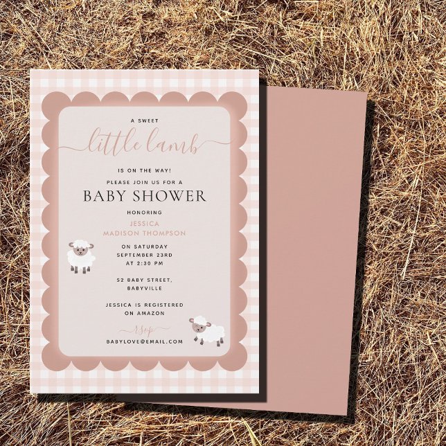 Convites Festa de Animais da Fazenda de Cordeiros Chamada B (Lamb Farm Party Animals Pink Girl Baby Shower Invitation)