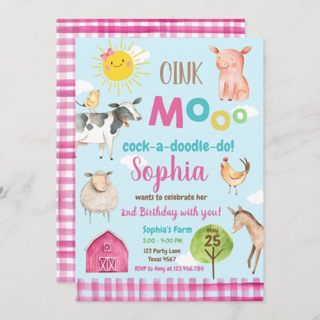 Convites Festa de Animais Rosa Pintos do velho MacDonald Ba (Frente/Verso)