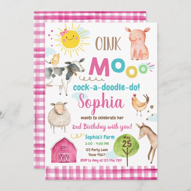 Convites Festa de Animais Rosa Pintos do velho MacDonald Ba (Frente/Verso)