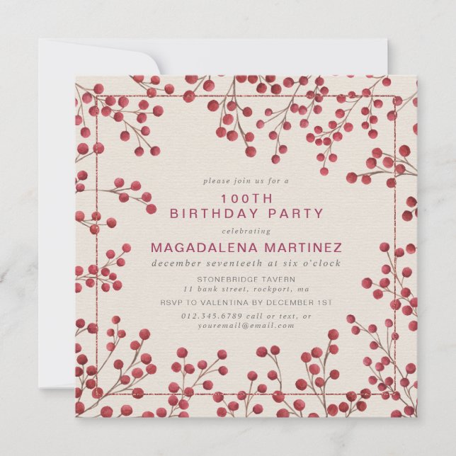 Convites Festa de aniversário 100ª Berry Vermelho Moderno d (Frente)