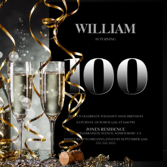 Convites Festa de aniversário 100ª Mínima de Preto e Prata (Criador carregado)