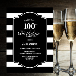 Convites Festa de aniversário 100 com risca branca e preta