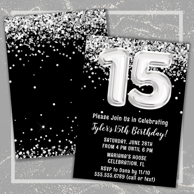 Convites Festa de aniversário 15 de Prata Branca Preta (Black and White 15th Birthday Party Invitation)
