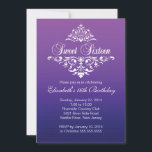 Convites Festa de aniversário 16 Doce Roxo Moderno<br><div class="desc">Comece a sua filha doce 16 festas com nosso lindo Ombre e rico florescendo doce e dezesseis convites de festas. Nosso na moda e nosso convite de festas moderno de 16 anos apresenta um quadro branco vintage com destaque de folha definido em um fundo roxo moderno. Sacudir o convite para...</div>
