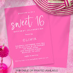 Convites Festa de aniversário 16 Hot Pink do Script Moderno<br><div class="desc">Festa de aniversário 16 Hot Pink do Script Moderno Imprimível ou Impressa. Estilo tipográfico minimalista para a 16ª festa de aniversário, com um roteiro informal definido para o Sweet 16 e o resto do texto que você pode personalizar facilmente. As cores do texto e do plano de fundo podem ser...</div>