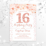 Convites festa de aniversário 16 - Rosa branca Dourada<br><div class="desc">16º convite de aniversário para a menina. Design floral elegante em ouro brilhante rosa e branco. Apresenta o número de diamante,  rosas cor-de-rosa pinceladas e confete. Perfeito para uma doce festa de 16 dias.</div>