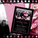 Convites Festa de aniversário 16 Suave de Moda Preta Glam<br><div class="desc">Design de 16 anos,  cor-de-rosa e preto,  inspirado na sutura francesa,  apresentando um bolo de chapéu,  estilettos cor-de-rosa e um saco de maquilhagem entre vários presentes de aniversário e cupcakes lúcidos. Perfeito para comemorar ocasiões de aniversário. A idade é criada em uma fonte ineditável cor-de-rosa-claro.</div>