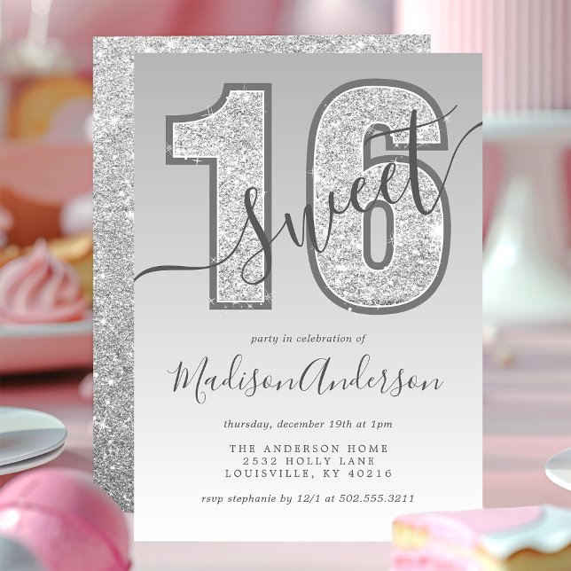 Convites Festa de aniversário 16 Suave de Script Glitter Si (Criador carregado)