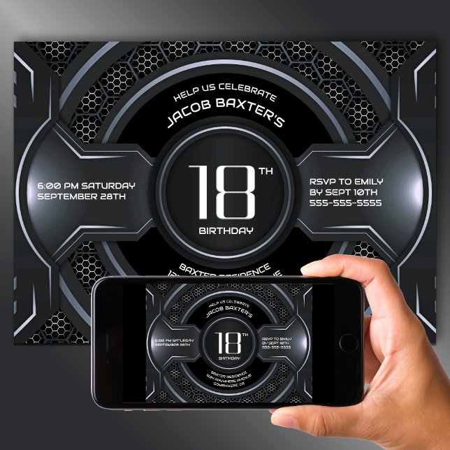Convites Festa de aniversário 18ª Prata Negra Moderna (Criador carregado)