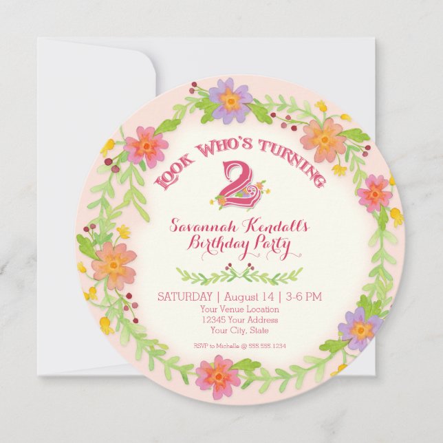 Convites festa de aniversário 2 Anos Menina, Watercolor Flo (Frente)