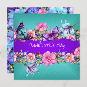 Convites Festa de aniversário 2 de borboleta rosa azul-tear