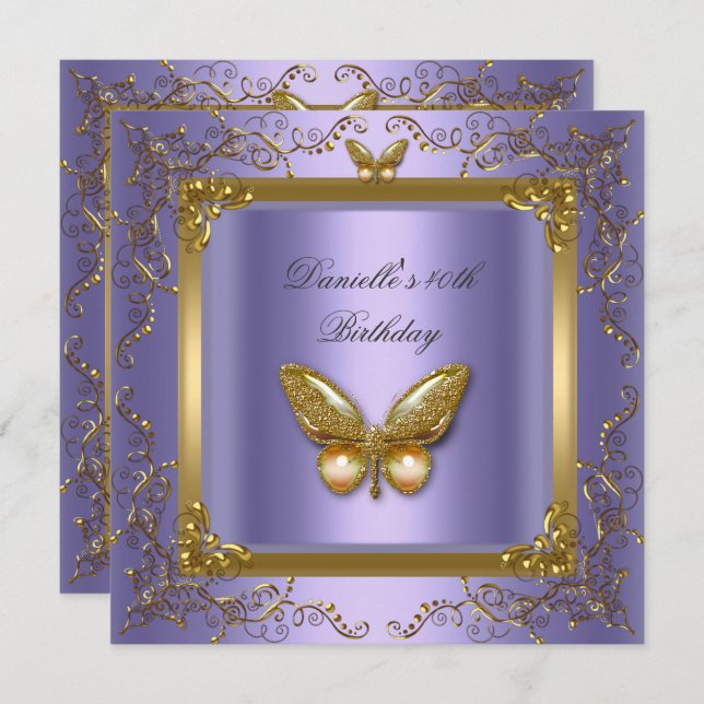 Convites Festa de aniversário 40º Borboleta Dourada Roxa (Frente/Verso)