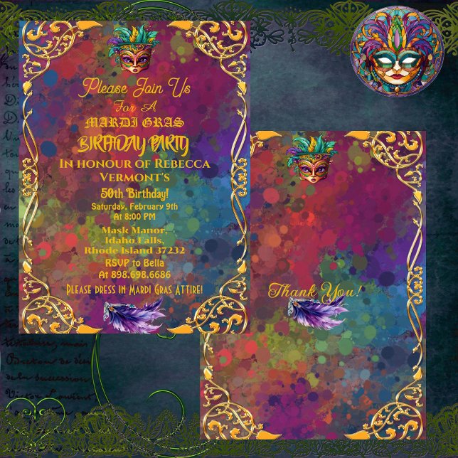 Convites Festa de aniversário 50ª do Dourado Mardi Gras (Gold Mardi Gras Masquerade 50th Birthday Party Invitation)