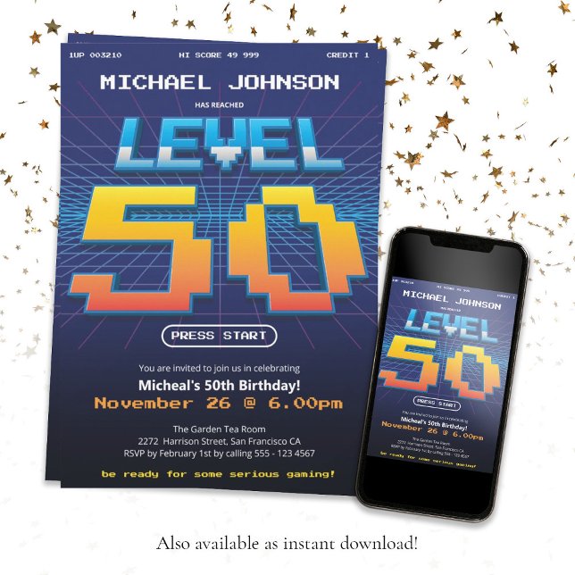 Convites Festa de aniversário 50ª engraçada dos anos 80 (Fun 50th Birthday Retro 80s Game Screen Custom Invitation)