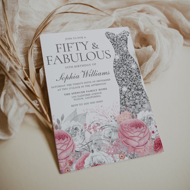Convites Festa de aniversário 50ª Prata e Rosa Esbranquiçad (Criador carregado)