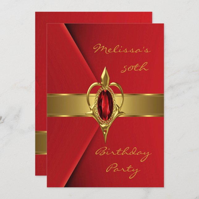 Convites Festa de aniversário 50º Faux Velvet Red Pearl gol (Frente/Verso)
