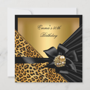 Convites Festa de Aniversário 50º Leopard Gold Preto Laço