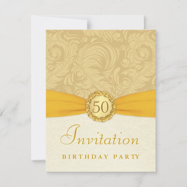 Convites Festa de aniversário 50 - Damask Dourado com Monog (Frente)