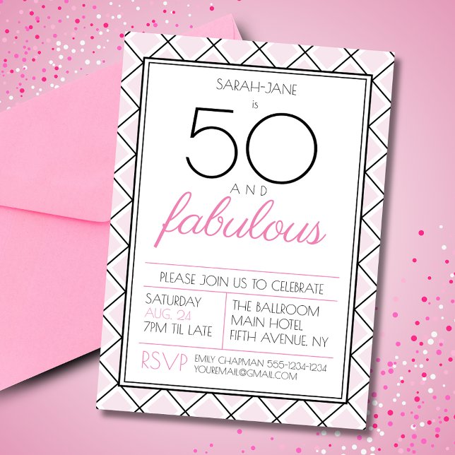 Convites festa de aniversário 50 e fabuloso (50 and fabulous birthday invitation with art deco style checkered background.)