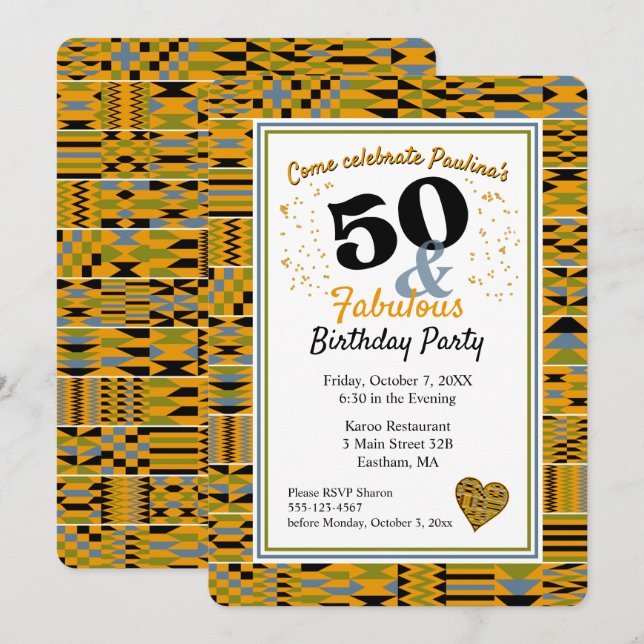 Convites festa de aniversário 50 e Ouro fabuloso Kente (Frente/Verso)