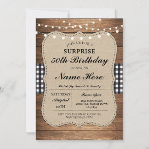 Convites Festa de aniversário 50th Check Rustic Wood Black