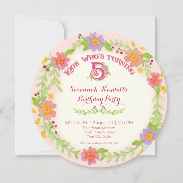 Convites Festa de aniversário 5 Anos Menina, Floral De Aqua (Frente)