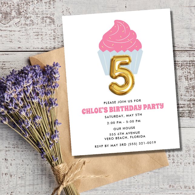 Convites Festa de aniversário 5 Cupcake (Girl Cupcake 5th Birthday Party Invitation)