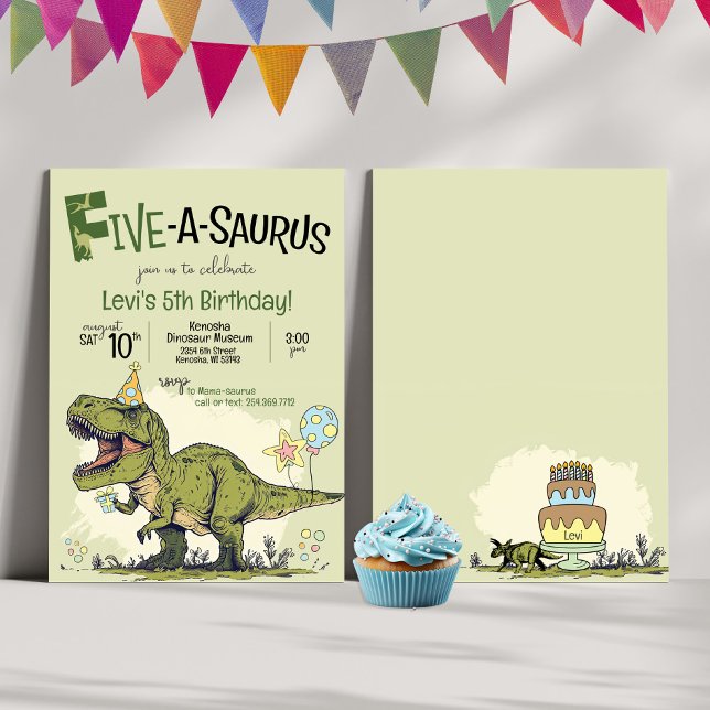Convites Festa de aniversário 5 de Dinossauro Cute Cinco-A- (Cute Dino Cartoon T-Rex Dinosaur theme Five-A-Saurus Fifth 5th birthday party invitation, green, boy)