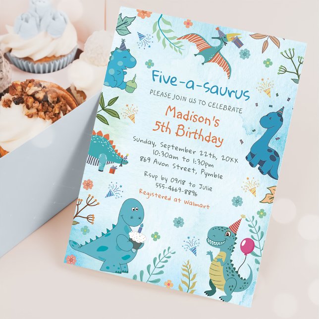 Convites Festa de aniversário 5 de Dinossauro Cute Cinco-A- (Criador carregado)