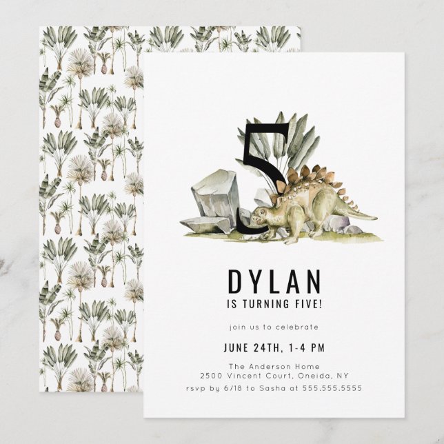 Convites Festa de aniversário 5 do Tema do Dinossauro (Frente/Verso)