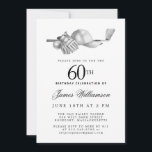 Convites Festa de aniversário 60ª do Golfe Branco Negro Ele<br><div class="desc">Aniversário elegante preto e branco para um golfista. O topo do convite é decorado com acessórios de golfe - um clube de golfe, bola de golfe, chapéu e luvas. A design de aquarela cria uma estética tradicional e clássica. Perfeito para uma festa de aniversário no clube ou um CHURRASCO de...</div>