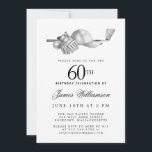 Convites Festa de aniversário 60ª do Golfe Branco Negro Ele<br><div class="desc">Aniversário elegante preto e branco para um golfista. O topo do convite é decorado com acessórios de golfe - um clube de golfe, bola de golfe, chapéu e luvas. A design de aquarela cria uma estética tradicional e clássica. Perfeito para uma festa de aniversário no clube ou um CHURRASCO de...</div>