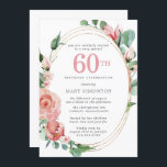 Convites Festa de aniversário 60ª Floral rosa<br><div class="desc">Um rosa pastel macio cria um belo design floral neste elegante convite de 60 anos. As rosas vermelhas estão aninhadas em folhas verdes profundas. As rosas e folhas decoram uma moldura de ouro com vários fios. O 60º está escrito em um grande texto vermelho. O resto do texto é cinza...</div>