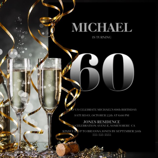 Convites Festa de aniversário 60ª Mínima Preta e Prata (Criador carregado)