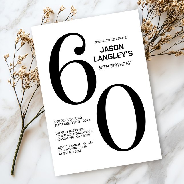 Convites Festa de aniversário 60ª preto e branco moderno (Criador carregado)