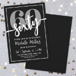 Convites Festa de aniversário 60º preto moderno<br><div class="desc">Introduzindo um simples e moderno convite de aniversário 60º, perfeito para celebrar esse marco no estilo. O elegante design apresenta um fundo preto em negrito com um grande "60" em cinzas no topo. Logo abaixo, "Sessenta" é lindamente escrito em caligrafia branca, acrescentando um toque divertido, mas elegante. A mistura de...</div>
