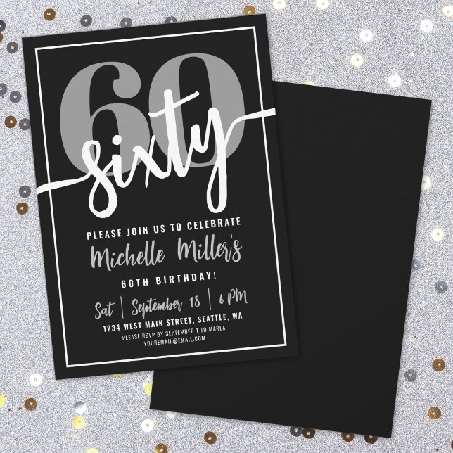 Convites Festa de aniversário 60º preto moderno (Modern Black 60th Birthday Party Invitation)