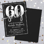 Convites Festa de aniversário 60º preto moderno<br><div class="desc">Celebre sessenta anos de estilo com este moderno e elegante convite de aniversário 60. A design apresenta um fundo negro ousado com um "60" marcante no topo, em conjunto com a palavra "Sessenta" na elegante escrita caligrafia para um toque sofisticado. A mistura de fontes limpas modernas e fluentes de script...</div>