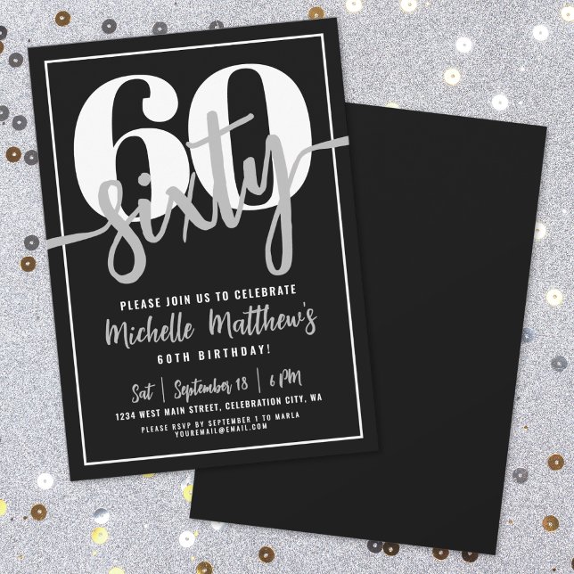 Convites Festa de aniversário 60º preto moderno (Modern Black 60th Birthday Party Invitation )
