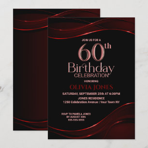 Convites Festa de aniversário 60º Vermelho Preto Moderno