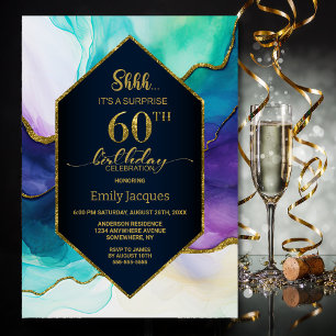 Convites Festa de aniversário 60 da Agate Dourada Azul Surp