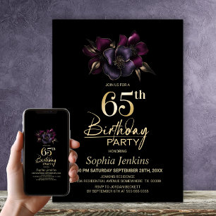 Convites Festa de aniversário 65ª Placa Floral Púrpura Pret