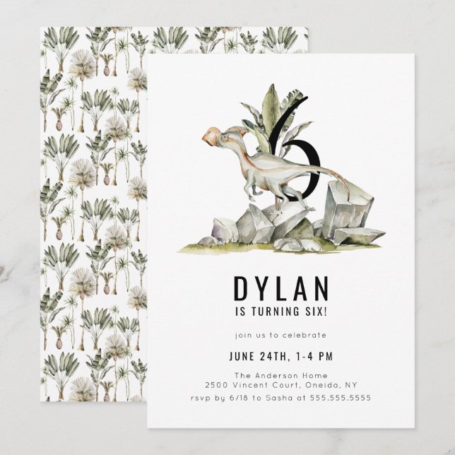 Convites Festa de aniversário 6 do Tema do Dinossauro (Frente/Verso)