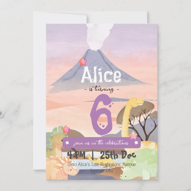 Convites Festa de aniversário 6 personalizada do Dinossauro (Frente)